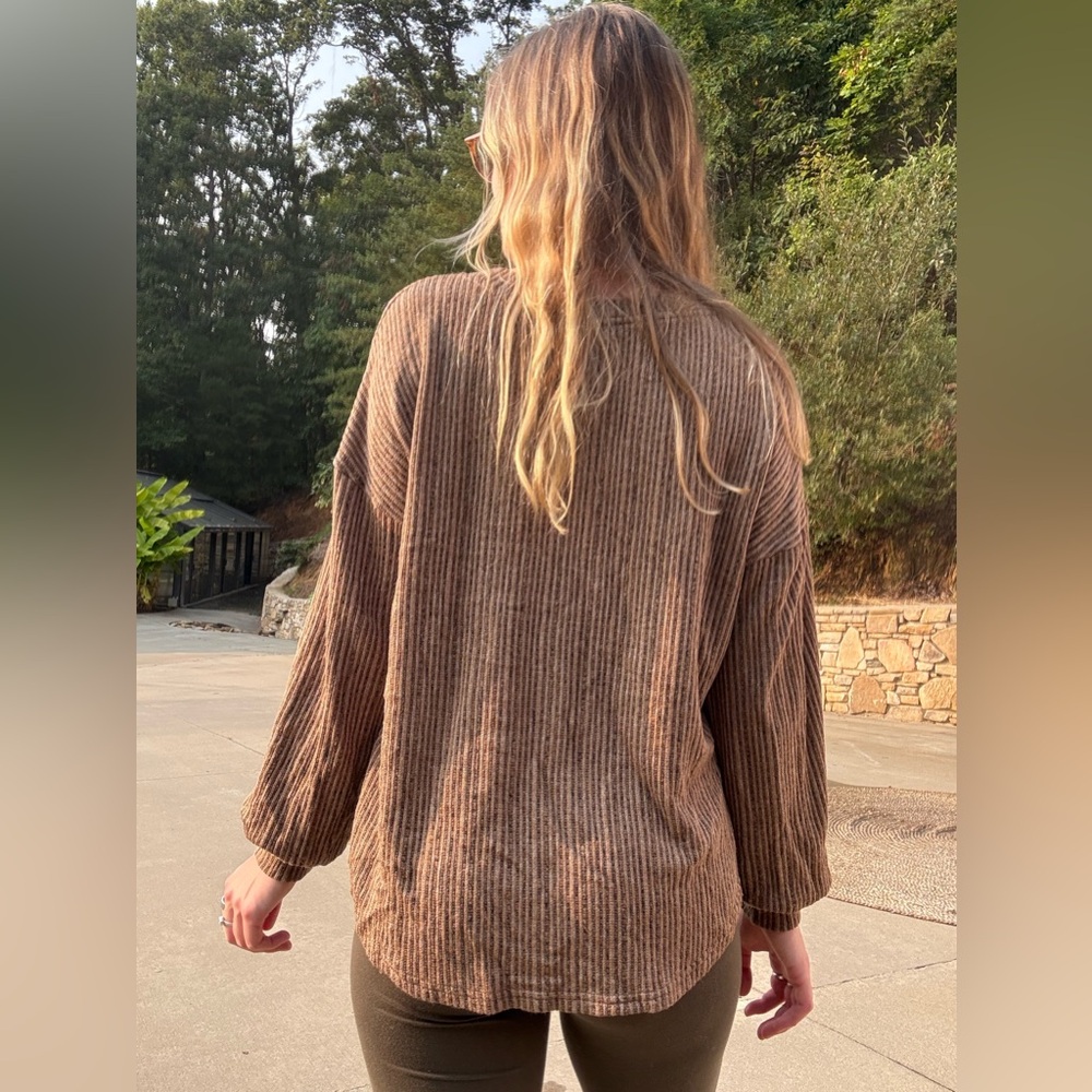 Brown Ribbed Henley top - Picture 3 of 7